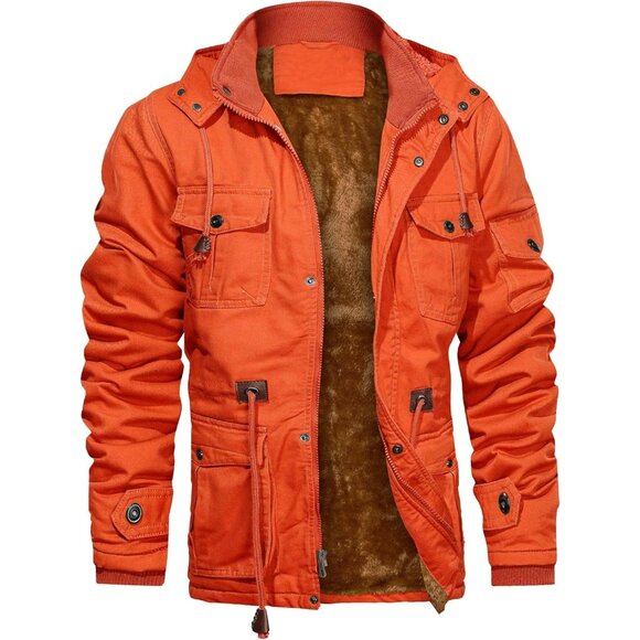 Mens Orange Thick Winter Jacket Hooded Fleece Lined Cotton Military Coat - Picture 1 of 6